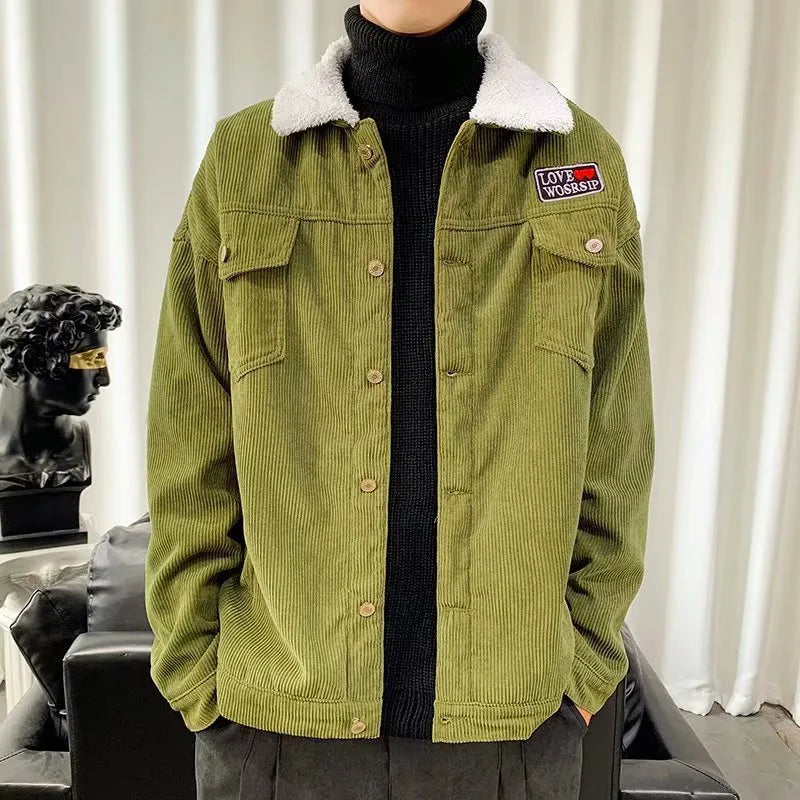 Men's corduroy workwear jacket in khaki colour showing ribbed texture and size stick pockets