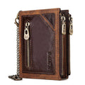 Dark brown genuine leather men's wallet with RFID anti-theft protection and chain detail