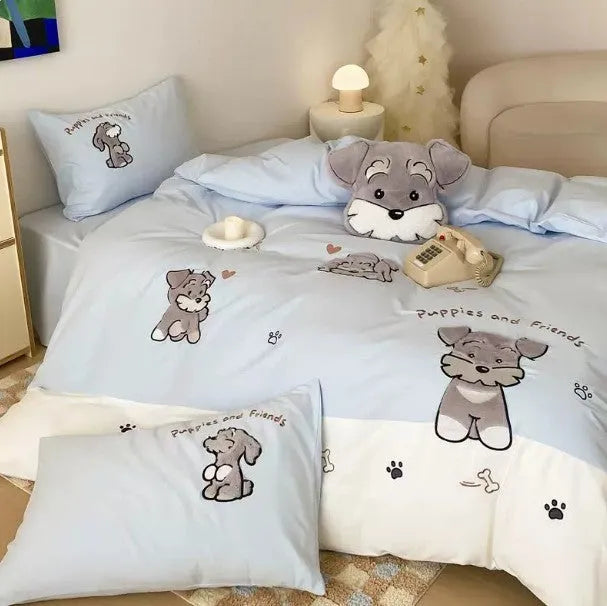 Schnauzer cartoon pattern four-piece bedding set with embroidered details on thickened cotton fabric