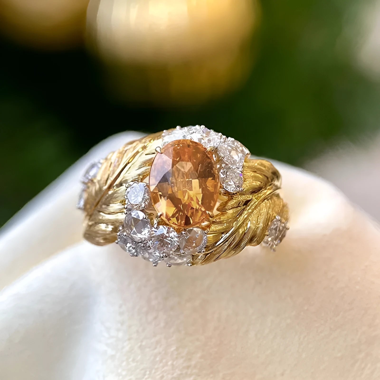 Gold-coloured women's ring with embossed feather pattern and yellow zircon stone inlay on copper base