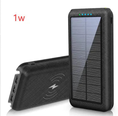 Black solar power bank with wireless Qi charging pad, three USB ports, and an LED flashlight