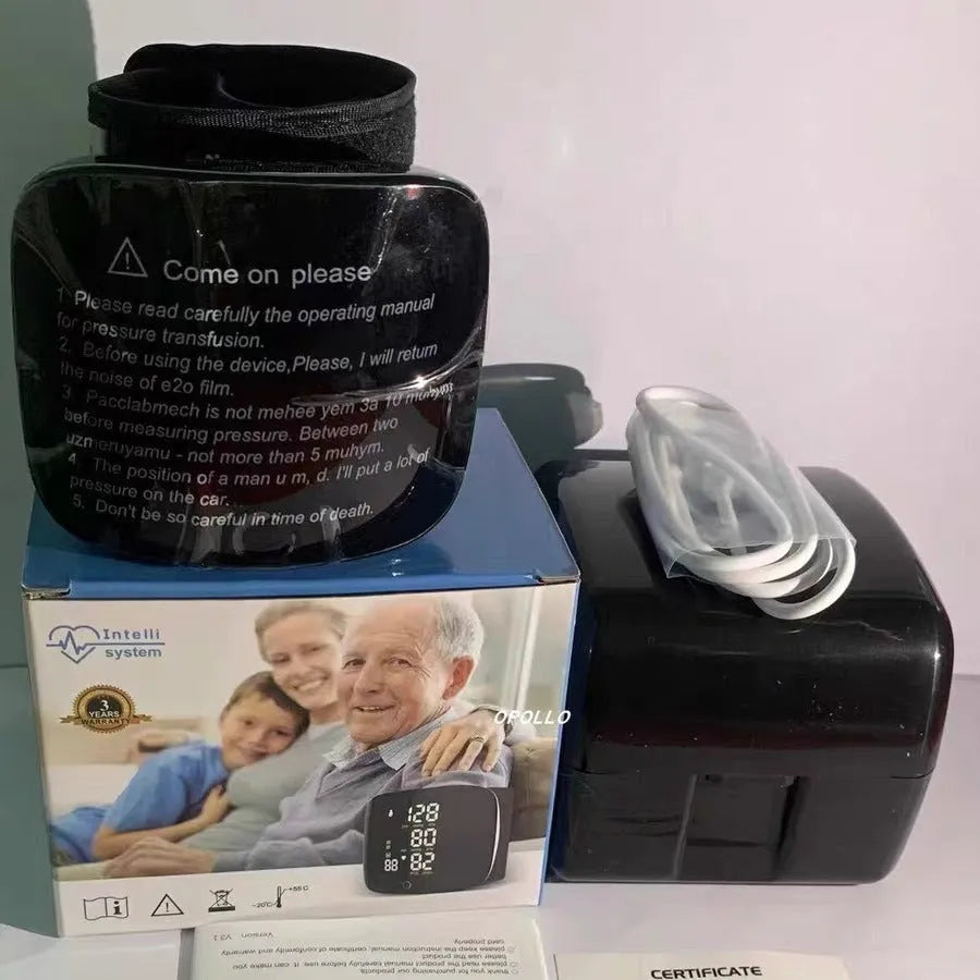 Black wrist blood pressure monitor with USB recharge port and multi-language voice options.