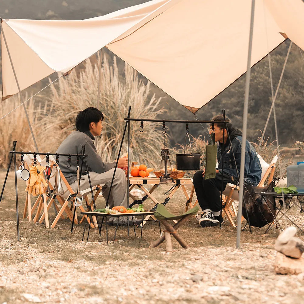 Large foldable aluminium alloy triangle clothes drying rack for camping with side hooks.