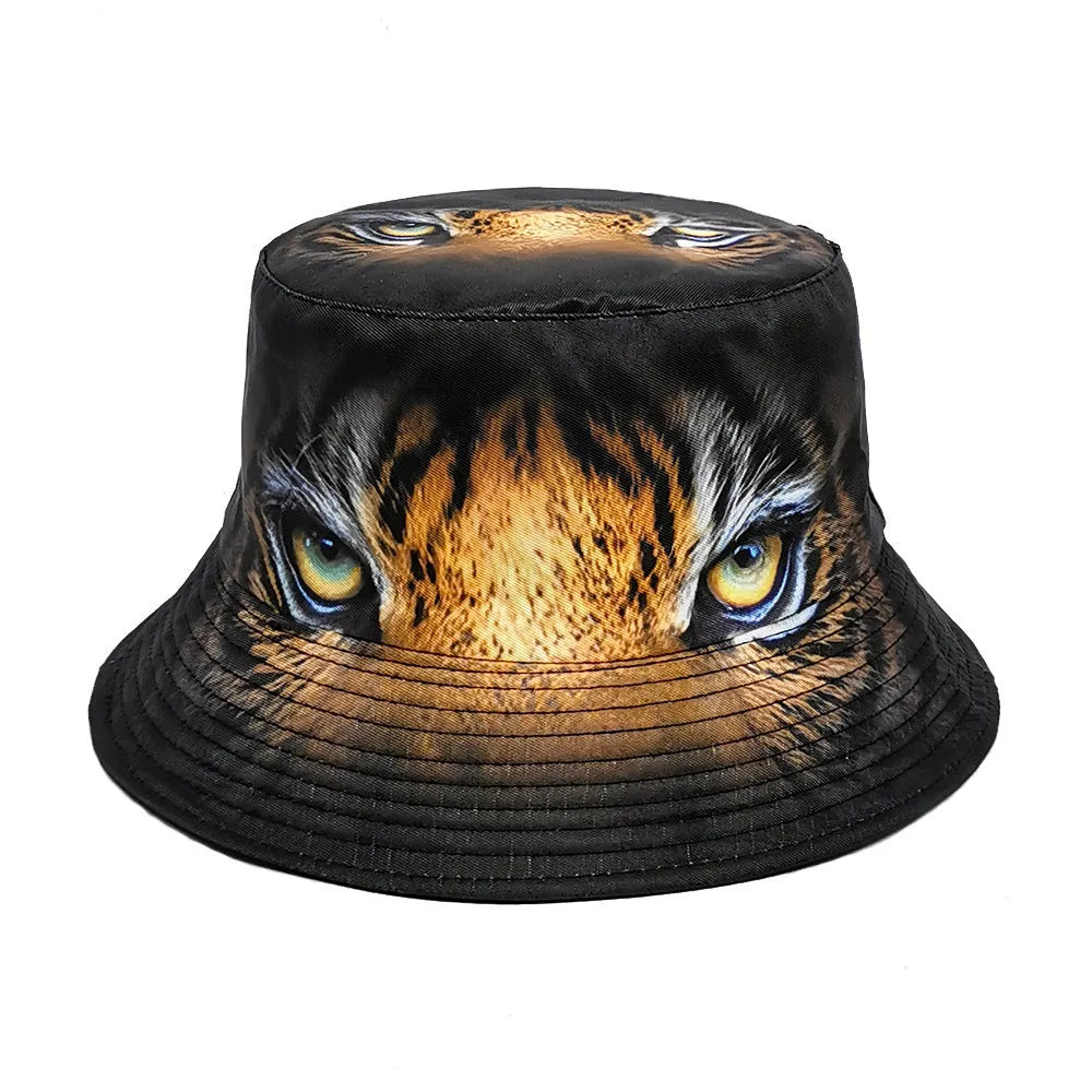 Retro tiger print bucket hat in khaki colour with dome crown for sun protection.