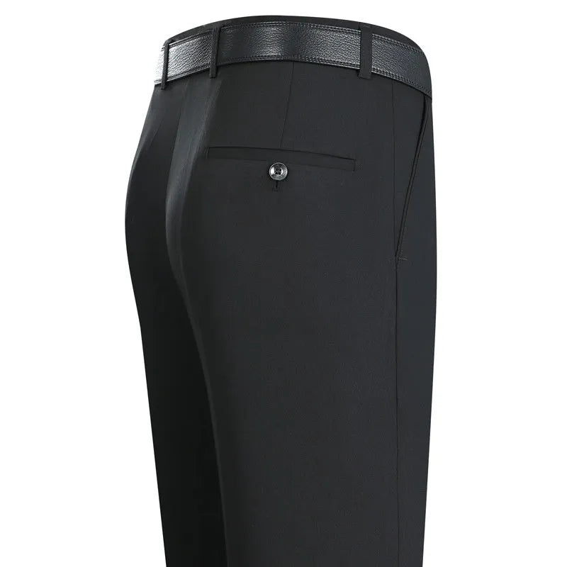 Men's straight cut black mulberry silk blend business trousers with high waist on a hanger.