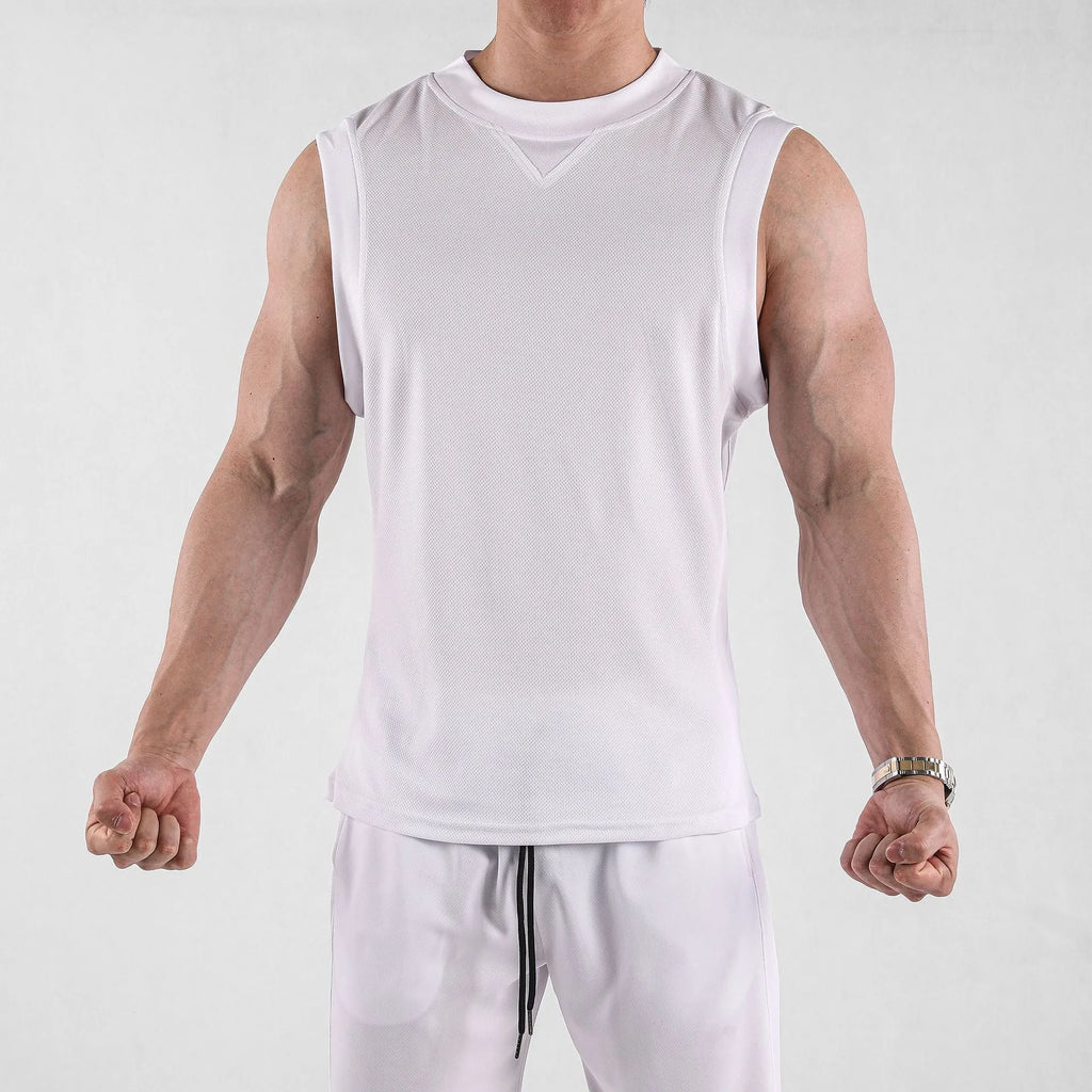 Men's white and black polyester sports vest for fitness with loose fit and quick-dry fabric