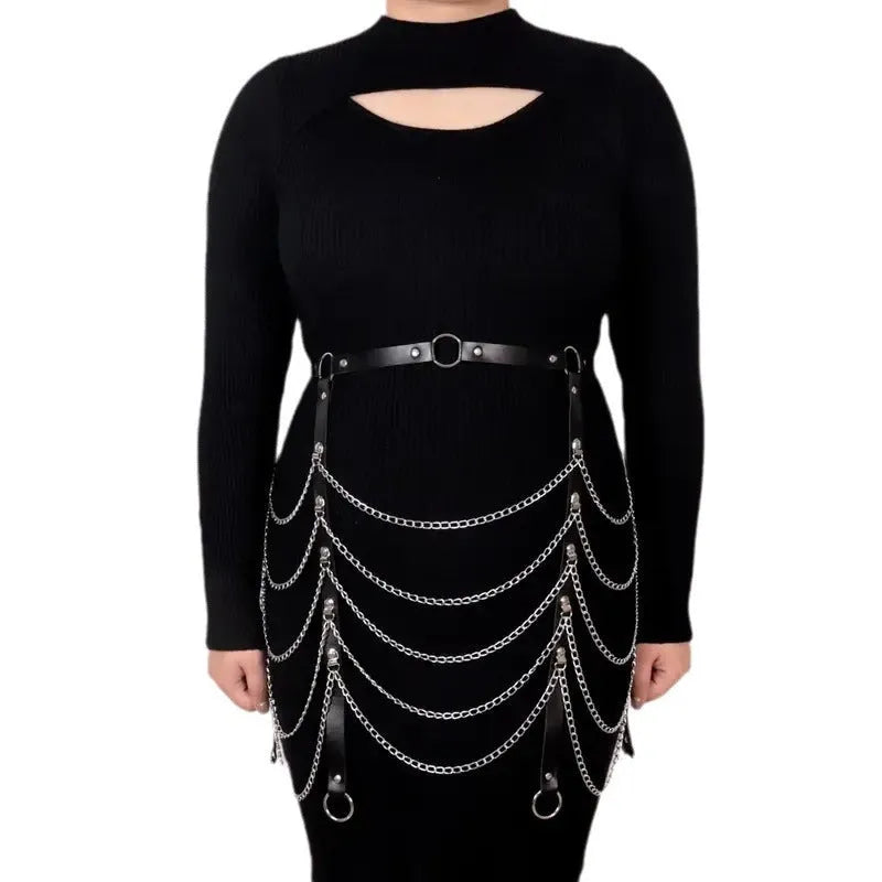 Black PU leather waist chain with bandage binding design for women's waist jewellery accessory