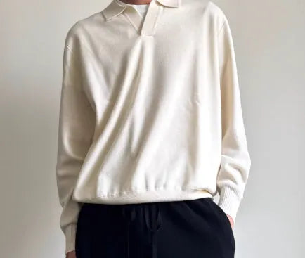 Men's pure wool polo sweater with lapel collar in loose fit, available in milky white and navy blue colours
