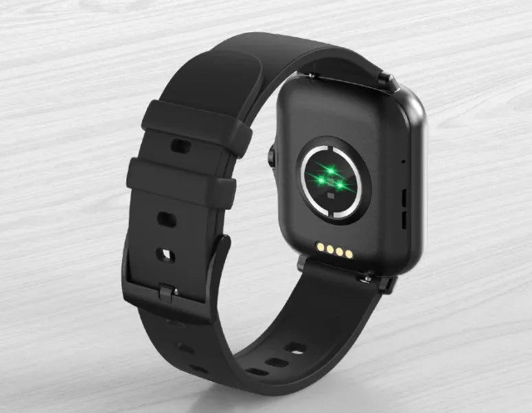 Black smart watch with 1.7-inch colour touchscreen on an adjustable strap, showing a fitness tracking interface.