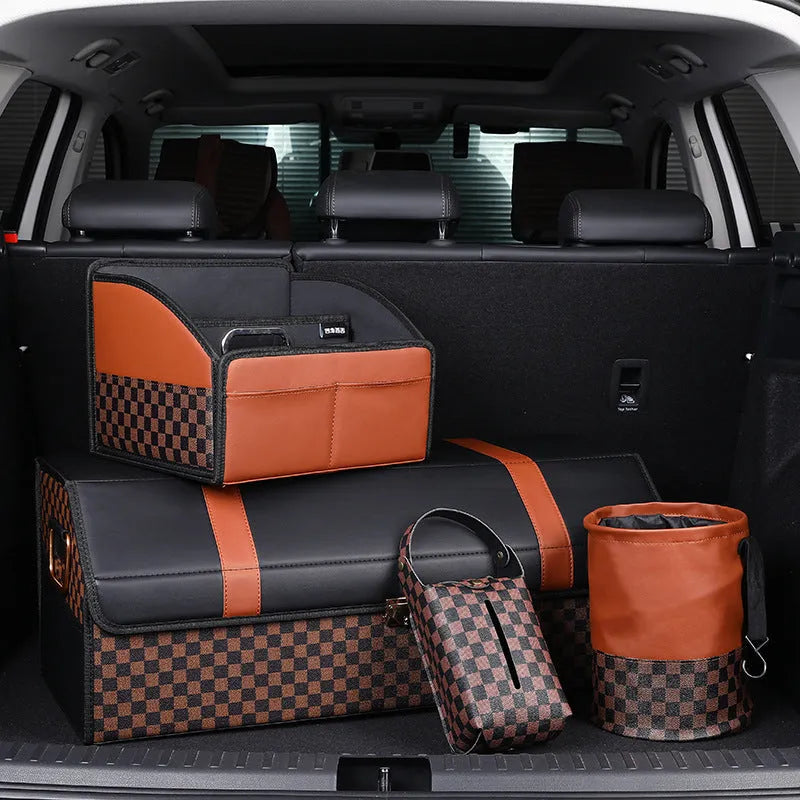 Black leather folding car bin with retractable handle and waterproof lining for vehicle waste collection