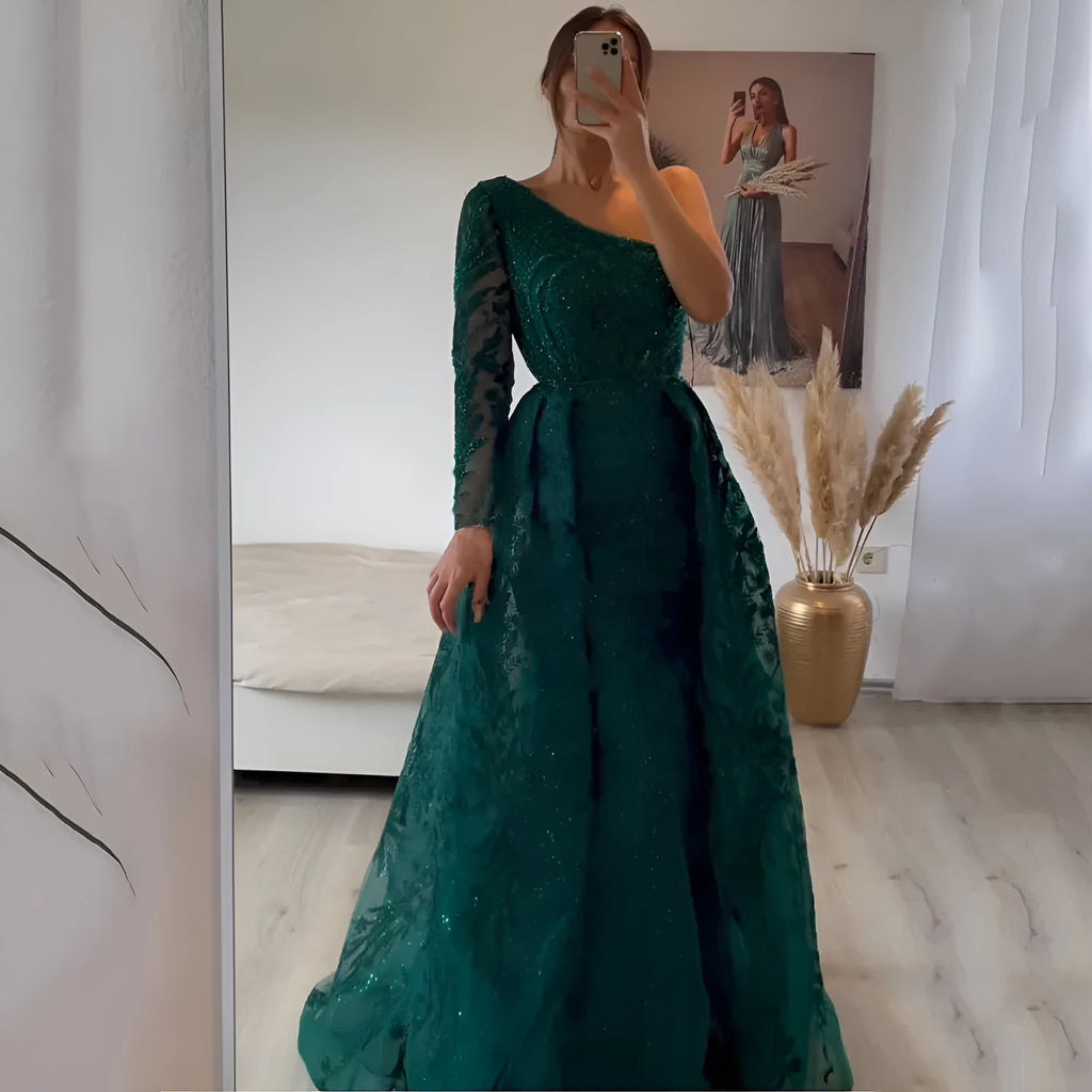 Women's slim-fit fishtail mesh shoulder long-sleeved dress with front zip, available in green