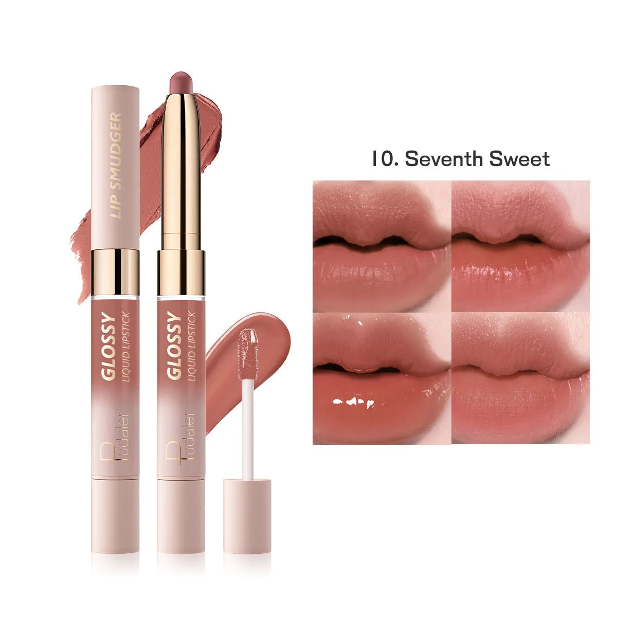 Double-headed lipstick lip gloss in matte finish showing ten colour options with moisturising formula