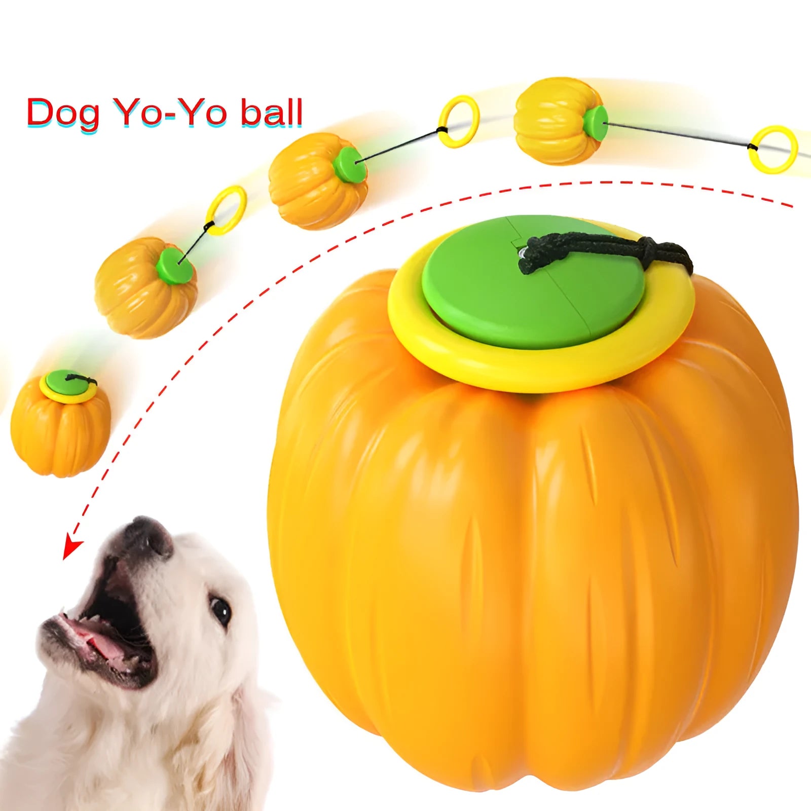 Green, orange, and yellow plastic pumpkin-shaped dog toy ball with squeaker for small dogs.