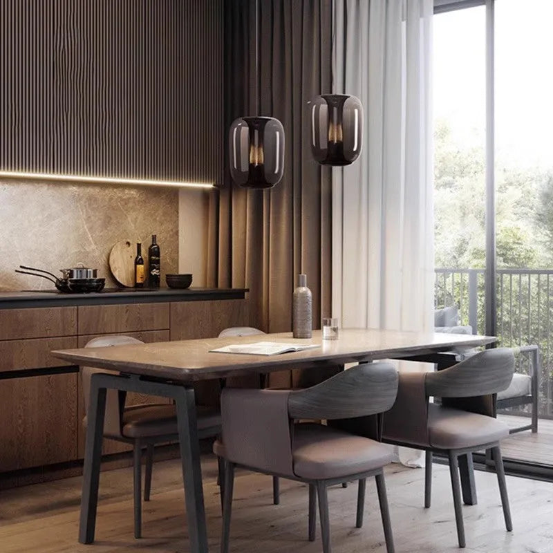 Nordic minimalist spherical glass chandelier in clear, smoky grey or cognac colour
