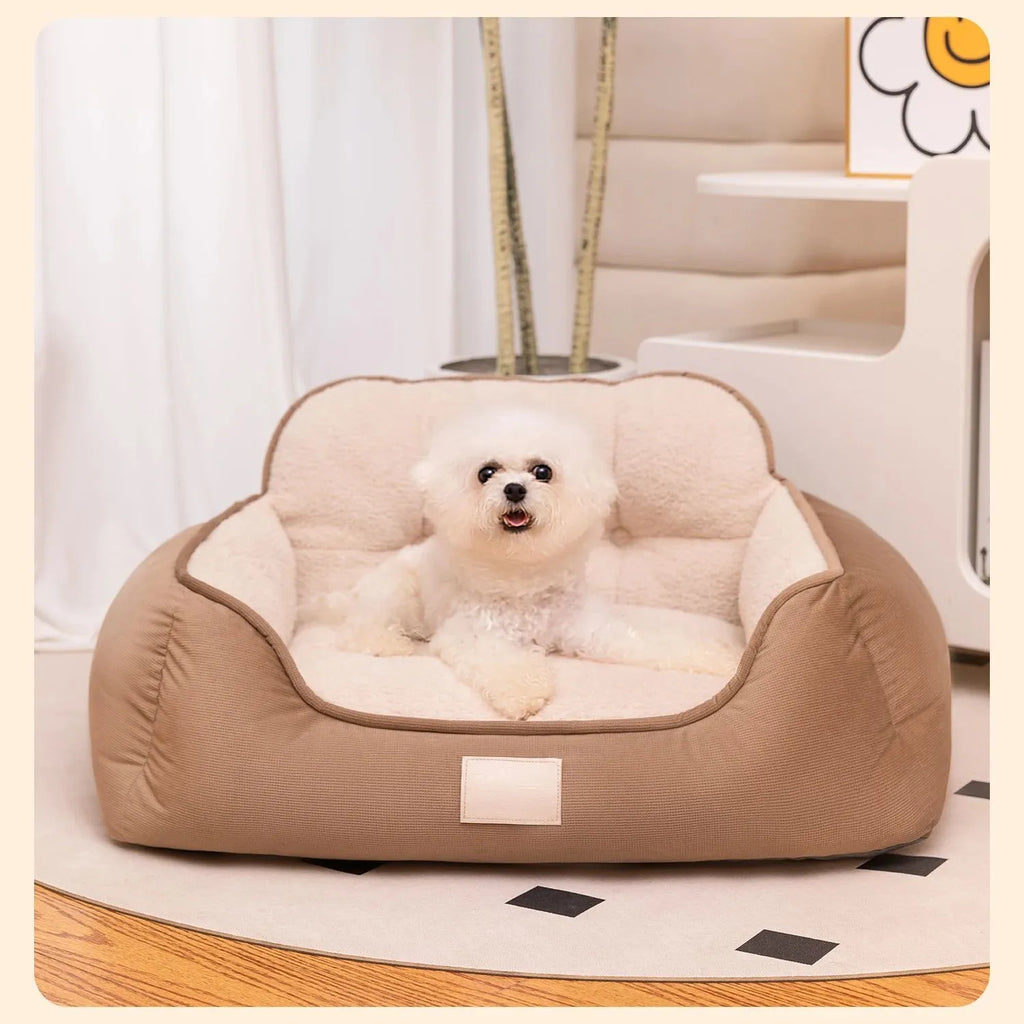 Plush pet bed in three sizes with washable fabric for indoor dog use