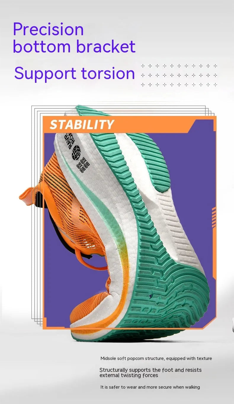 Unisex breathable shockproof running shoes in orange and white with striped pattern and rubber sole