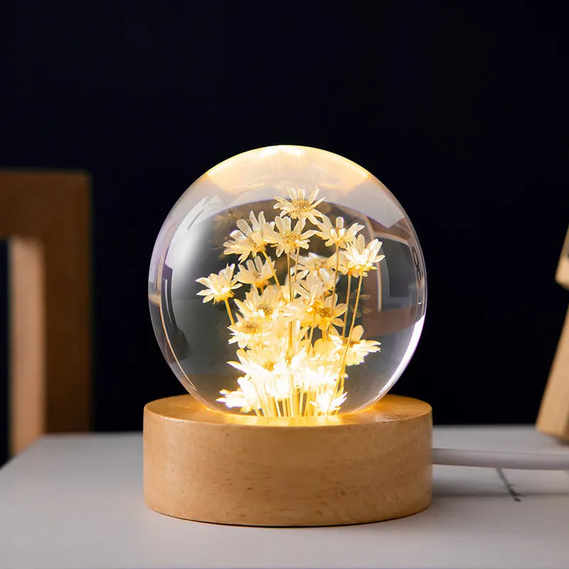 Dandelion preserved flower crystal ball night light on beech wood stand with USB cable