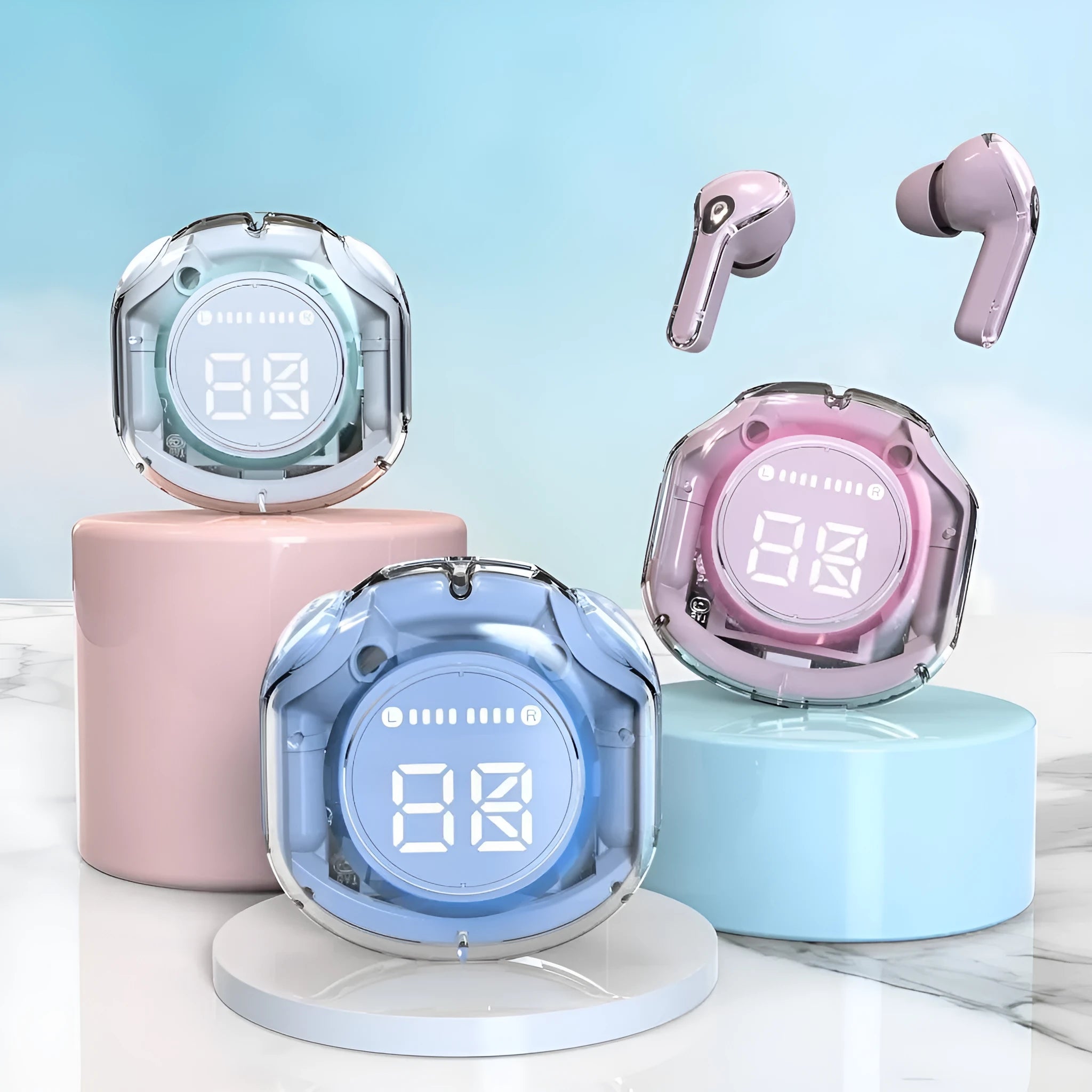Transparent warehouse wireless Bluetooth headset in five colour options with in-ear design