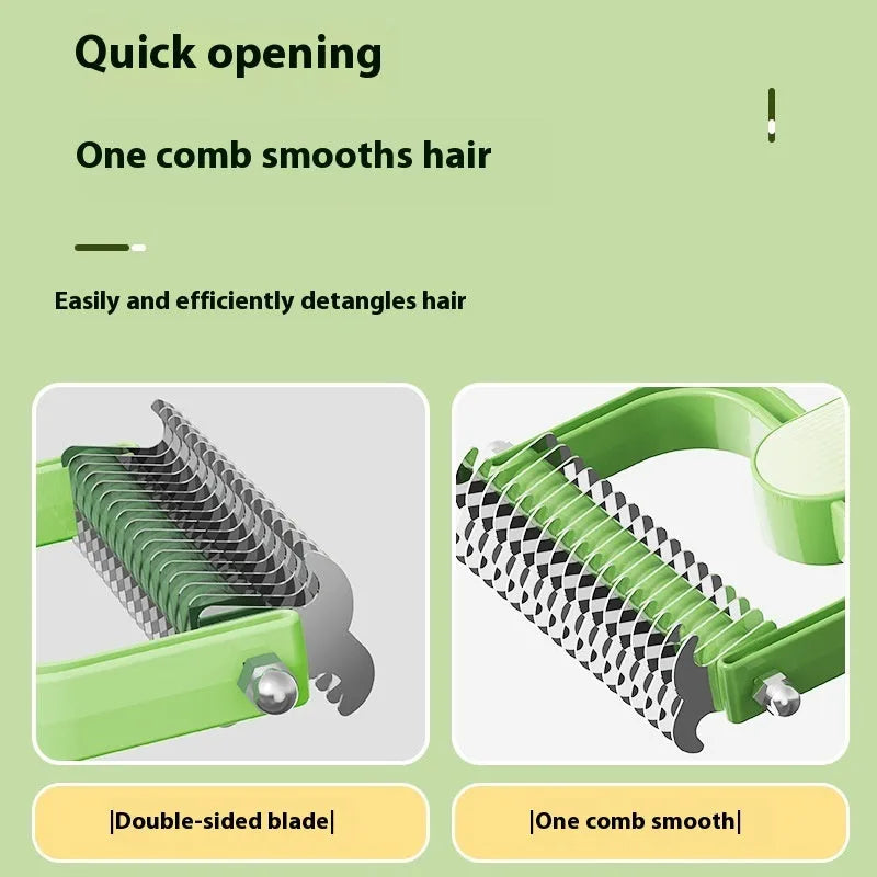Green and grey dog de-matting combs showing large and small sizes with stainless steel teeth.