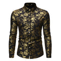 Men's cardigan shirt with bronzing metal print on lapel in elastic polyester fabric