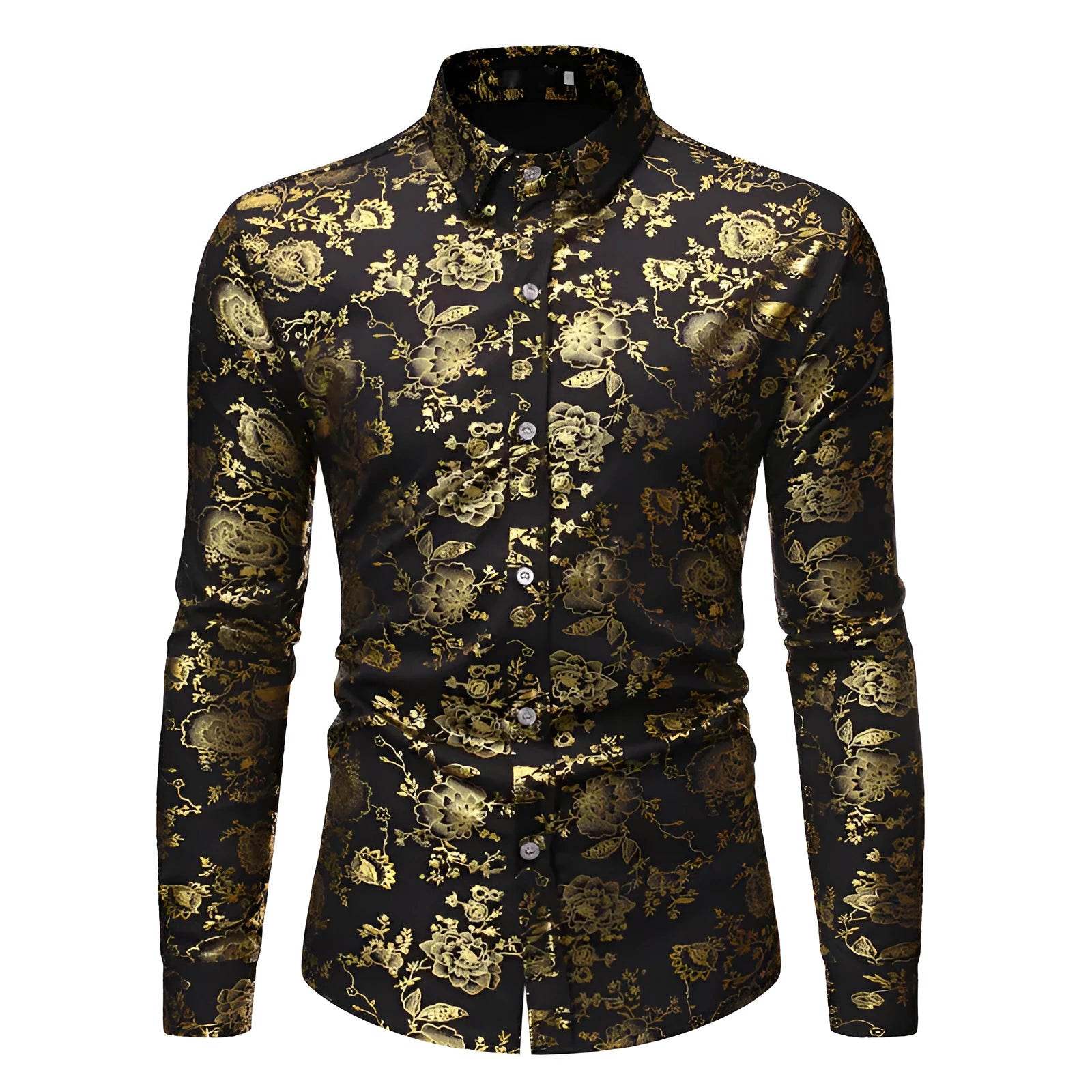 Men's cardigan shirt with bronzing metal print on lapel in elastic polyester fabric
