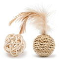 Two cat toys: rattan ball and faux feather ball with bell attachment for interactive play