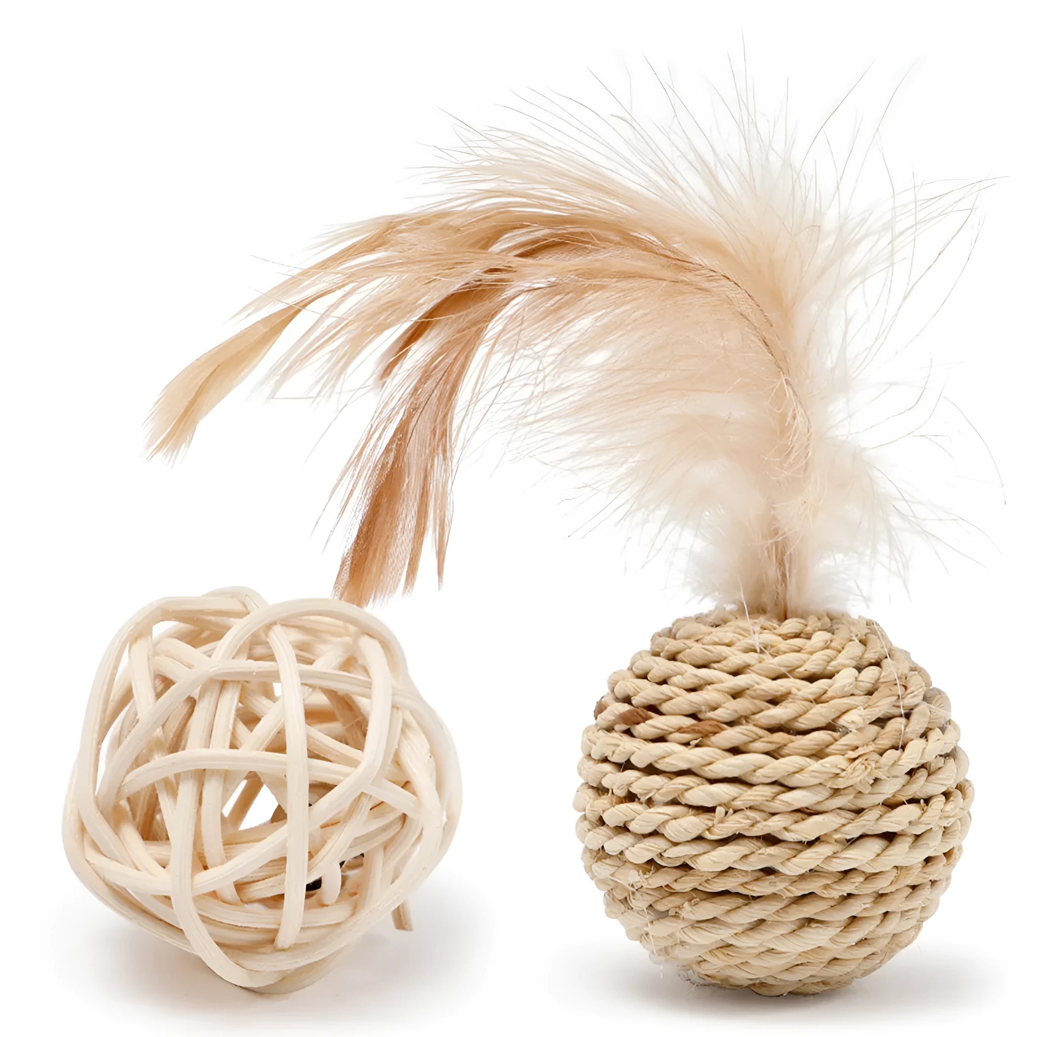 Two cat toys: rattan ball and faux feather ball with bell attachment for interactive play