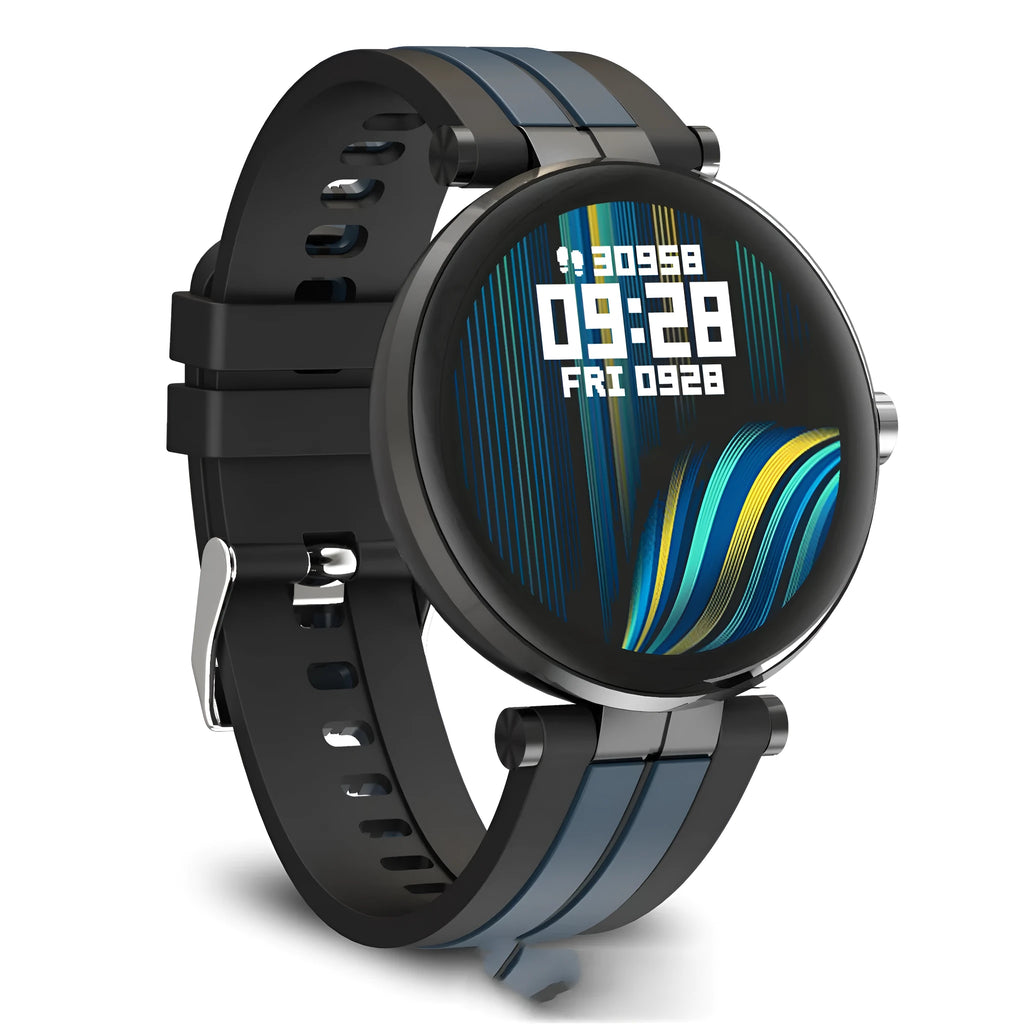 Black smart watch with heart rate monitor on a silicone wrist strap, showing the 1.3-inch display.