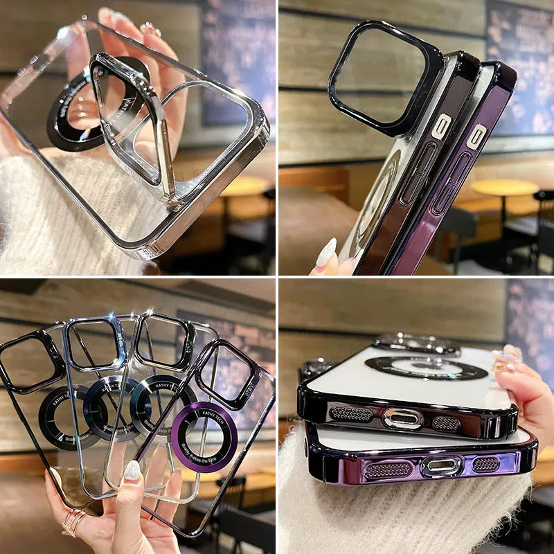 iPhone magnetic leakage label mobile phone case in PC electroplated construction showing heat dissipation and protective features