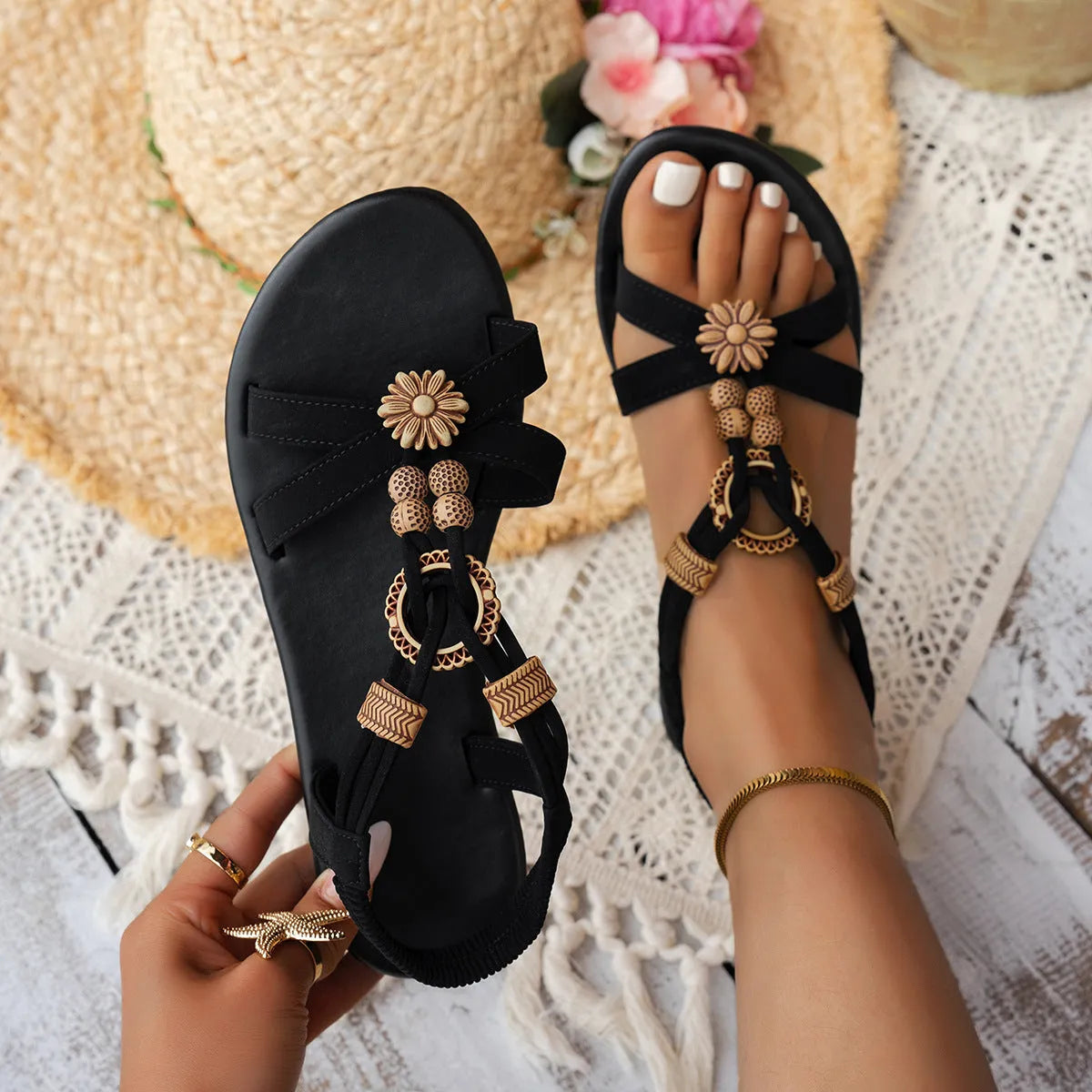Black ethnic style women's flat beaded weave open toe sandals with elastic band and rhinestone decoration