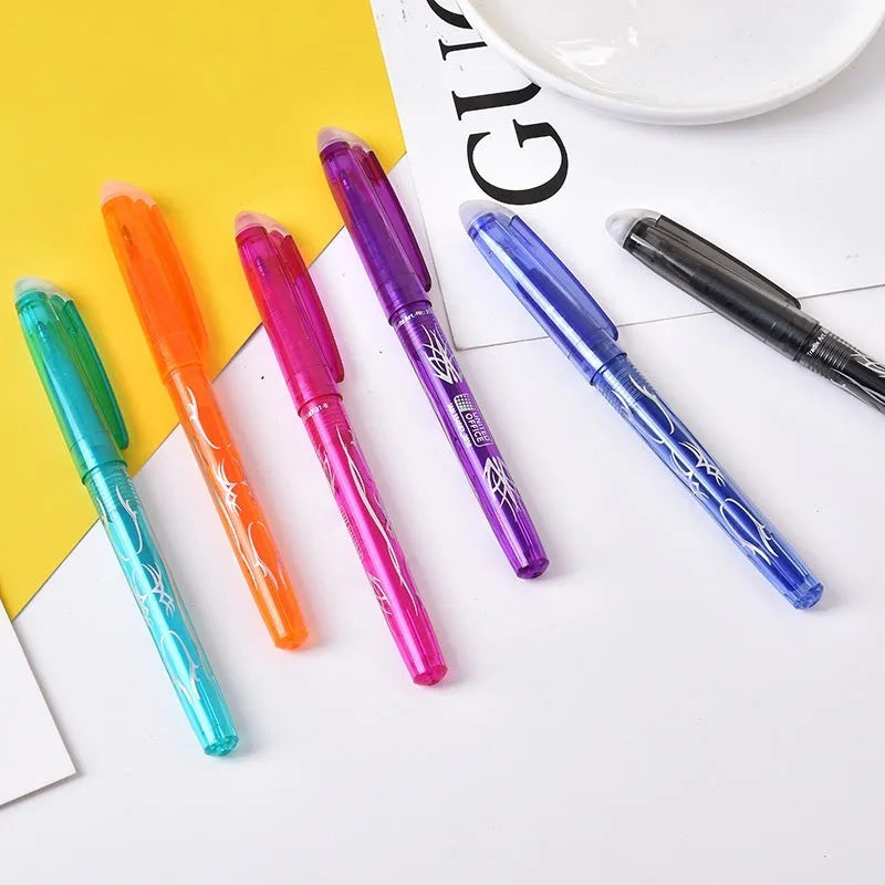 Hot erasable gel pen set showing plastic shell construction and stainless steel nib options in 0.5mm and 0.7mm sizes