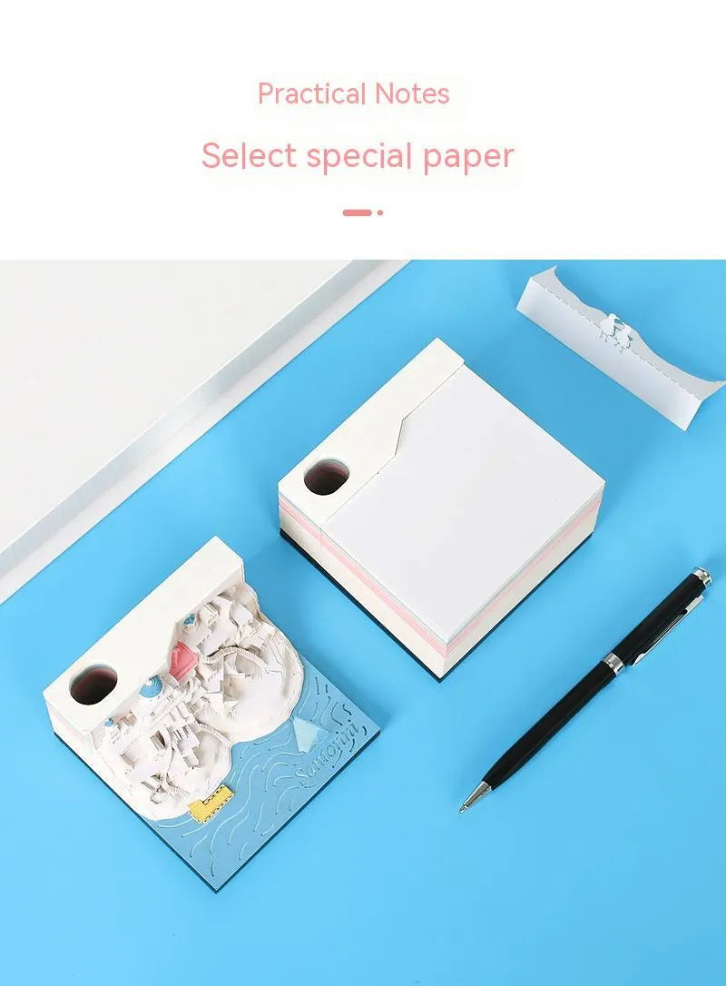 Romantic Santorini 3D notepad paper carving building model showing beach scene cover design