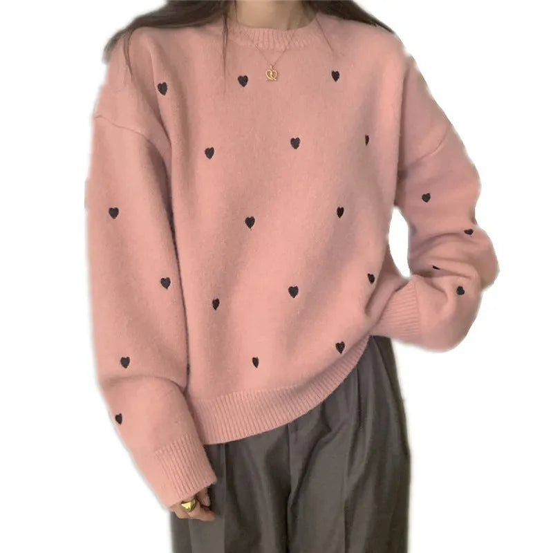 Women's loose-fit acrylic pullover sweater with embroidery in milky white
