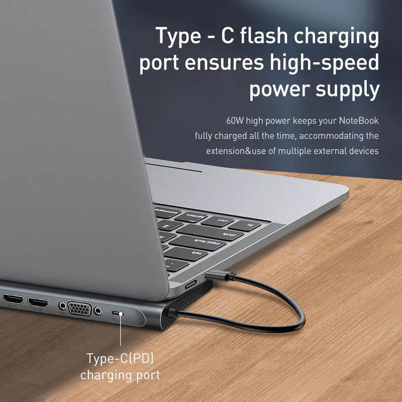 Ten-port aluminium alloy hub docking station with cooling bracket showing multiple connectivity ports