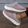Women's Flyknit semi-slipper casual shoes in striped pattern with hollowed-out details, shown in black, pink, and purple.