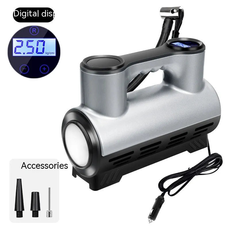 12V portable car tyre inflator with digital display and LED light, compact ABS construction