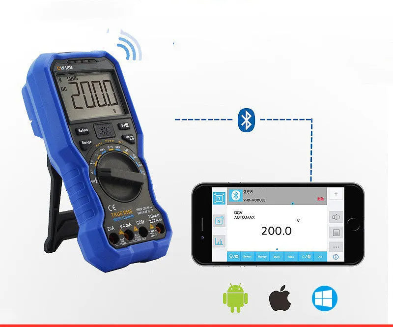 Handheld digital multimeter on a workbench with test probes.