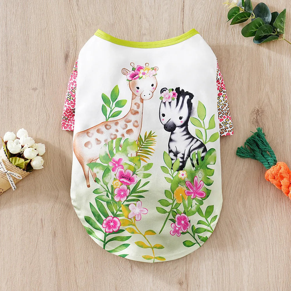 Printed casual T-shirt for small dogs in polyester fabric showing sizing chart with bust and length measurements