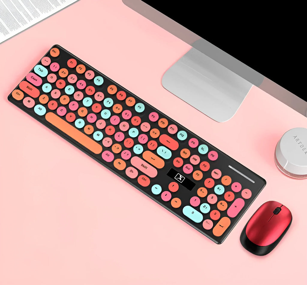 Vibrant yellow wireless keyboard and mouse set with USB receivers on a desk
