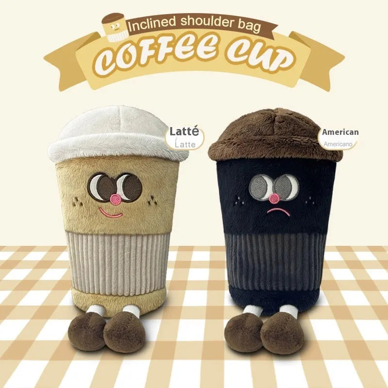 Cute plush bucket crossbody bag with embroidery in milky tea cup shape Latte colour