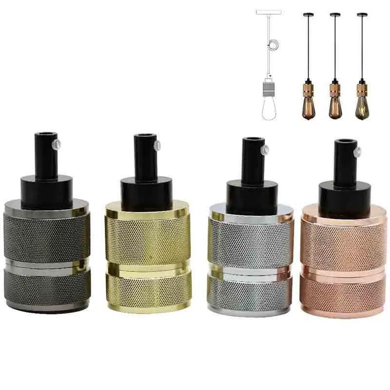 DIY retro chandelier assembly kit components showing braided cord, lamp holder, and hardware in chrome finish