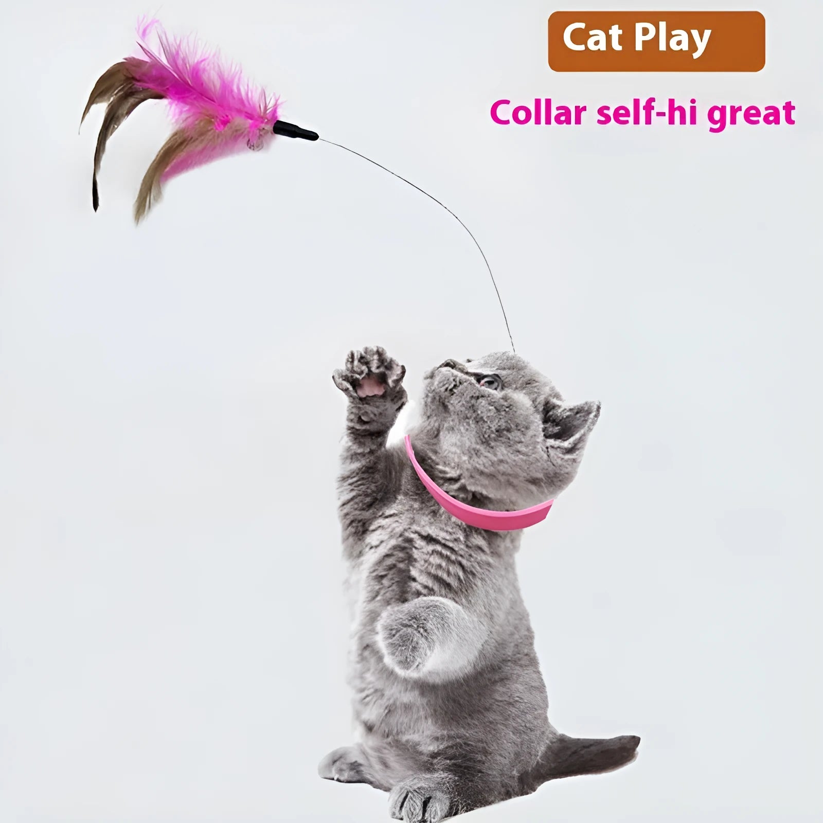 Pink cat collar toy with feather and bell made from steel wire and plastic for neck circumference 17-27cm