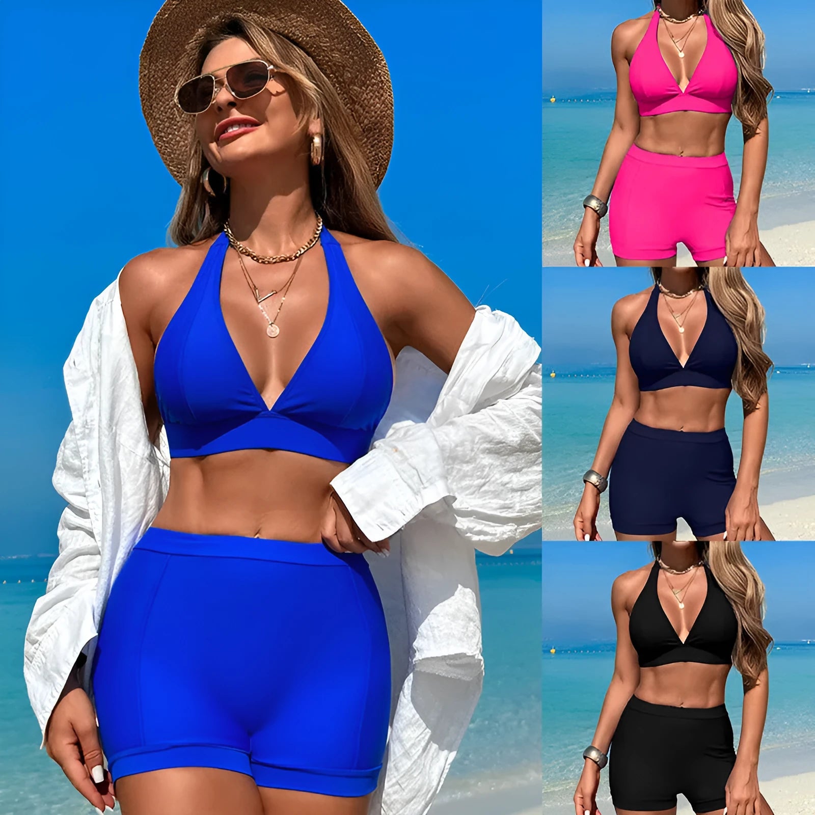 Women's split swimsuit bikini in black, royal blue, pink, and purple blue colours