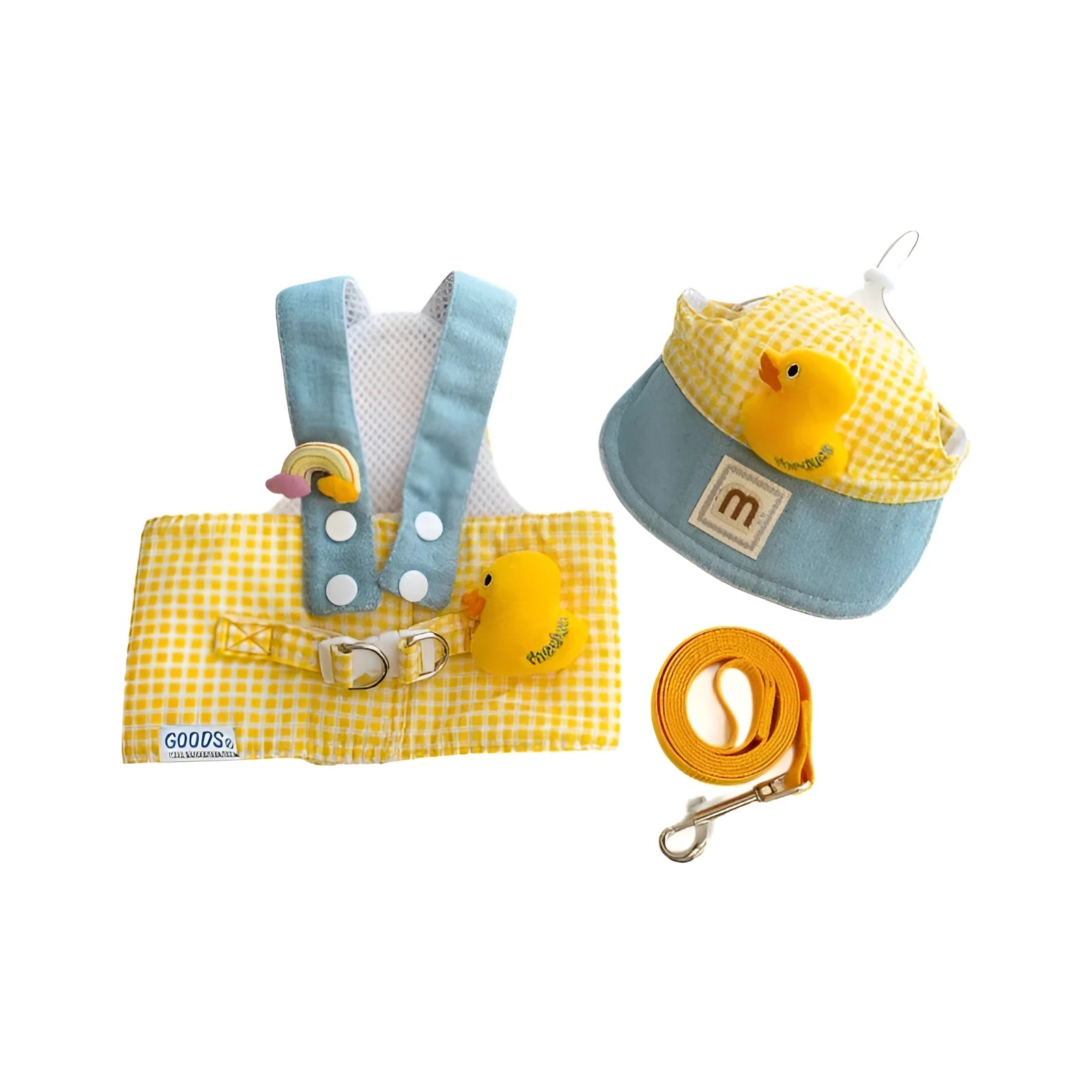 Dog wearing harness and leash with wire rope, cat clothes outfit with hat, three-piece pet set