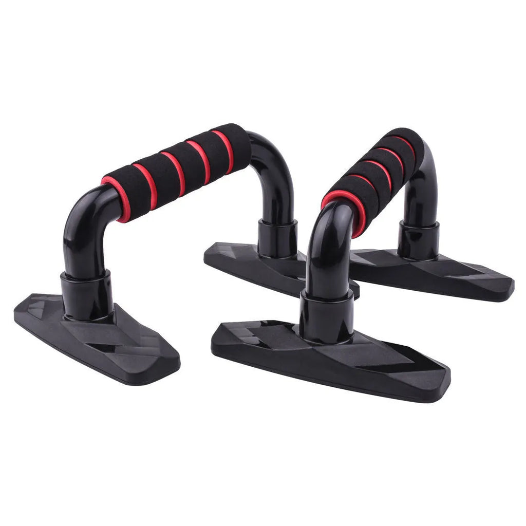 Set of two I-shaped push up bars with PP sponge foam grips, shown in blue colour