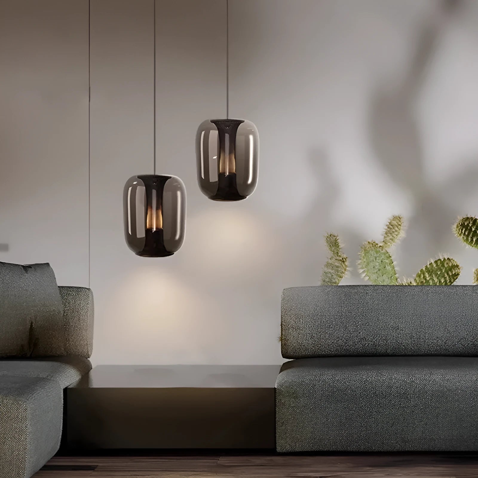 Nordic minimalist spherical glass chandelier in clear, smoky grey or cognac colour