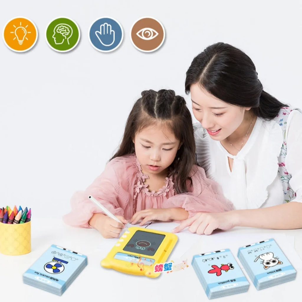 Yellow bilingual early education learning machine with educational cards for child development