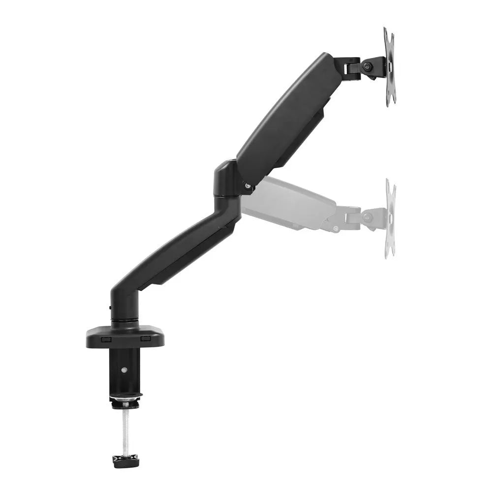 Black and white rotating telescopic LCD screen bracket with metal and aluminium construction on a desk