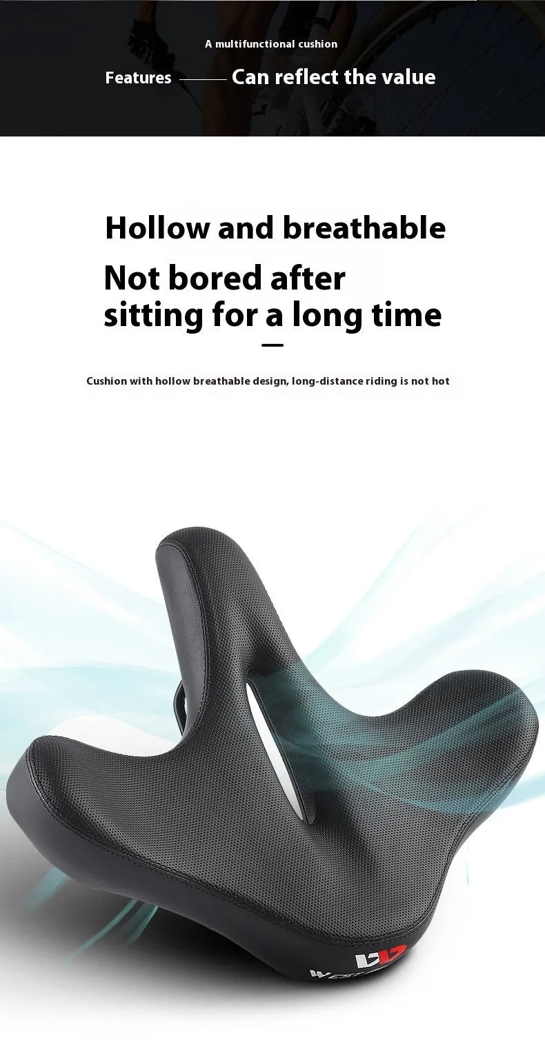 Black bicycle seat cushion with leather cover and foam padding for shock absorption
