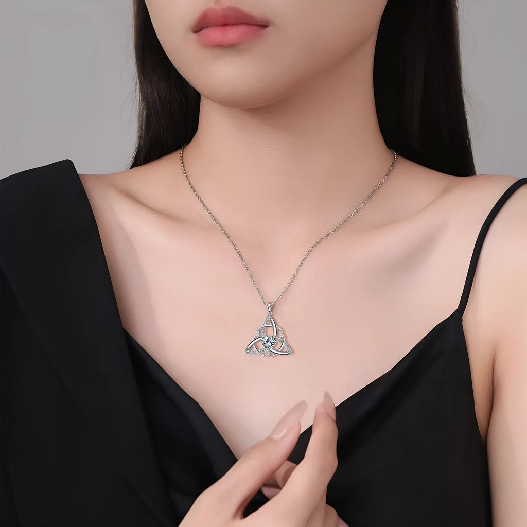 Geometric Celtic knot copper necklace for women in blue electroplated finish.